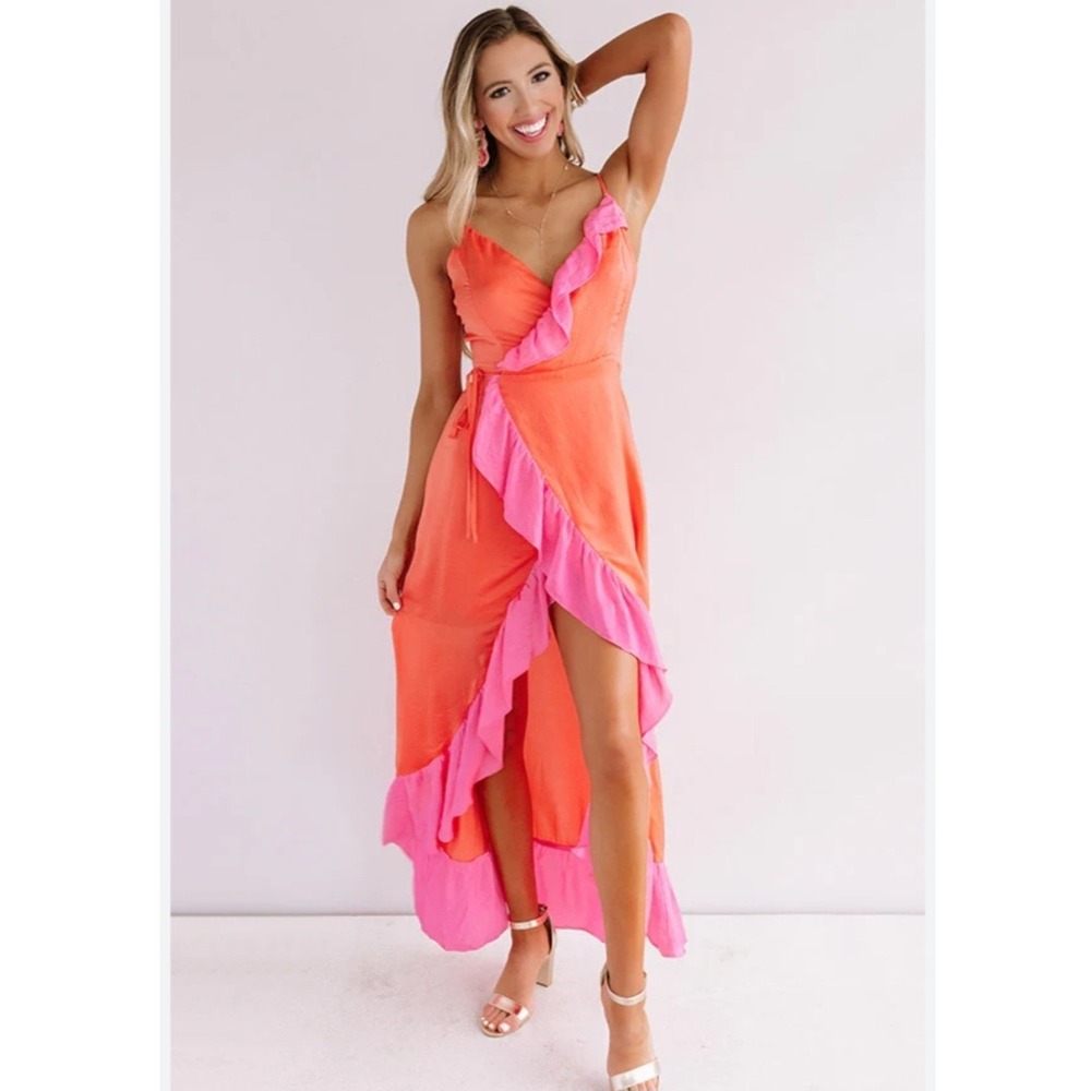 Impressions Orange Pink Ruffle Wrap Maxi Dress High Low Womens Small Colorful